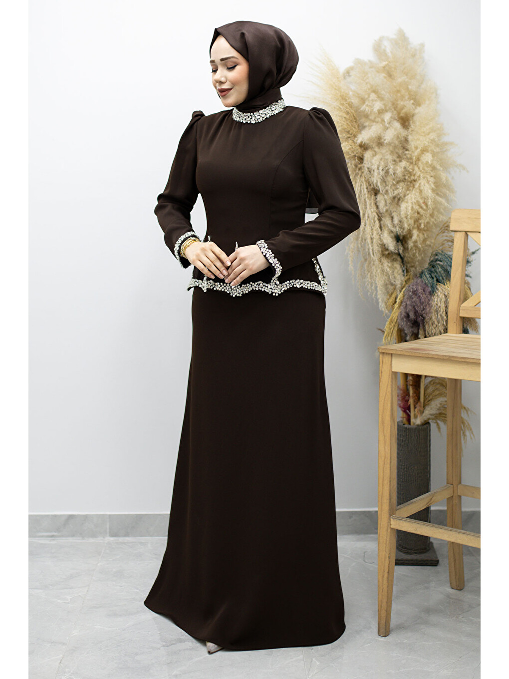 Taş İşlemeli Peplum Abiye Tsd260195 Kahverengi-2