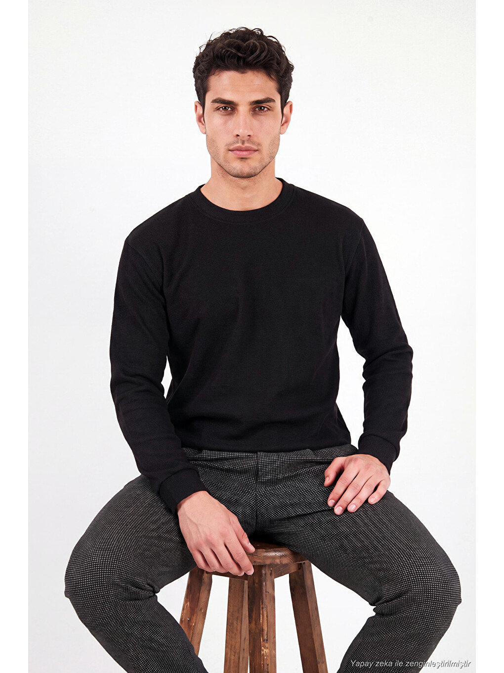 Siyah Pamuk Karışımlı Relaxed Fit Bisiklet Yaka Sweat 5905837-4