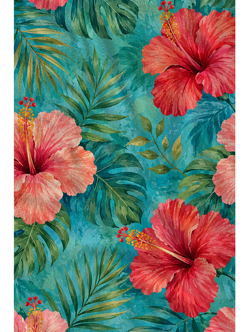 Tropikal Turkuaz Hibiskus Çiçekli Desenli 70x150 Plaj Havlusu - Dijital Baskılı Banyo Havlusu-2