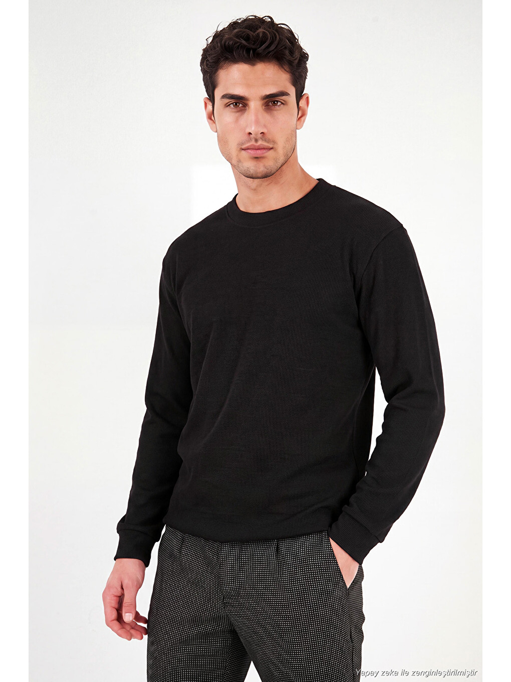 Siyah Pamuk Karışımlı Relaxed Fit Bisiklet Yaka Sweat 5905837-5