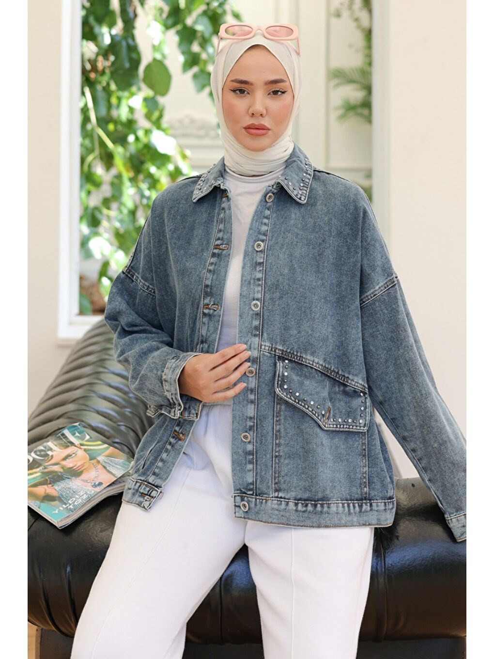 Kadın Taş Detaylı Oversize Denim Jean Ceket Koyu Mavi   26572