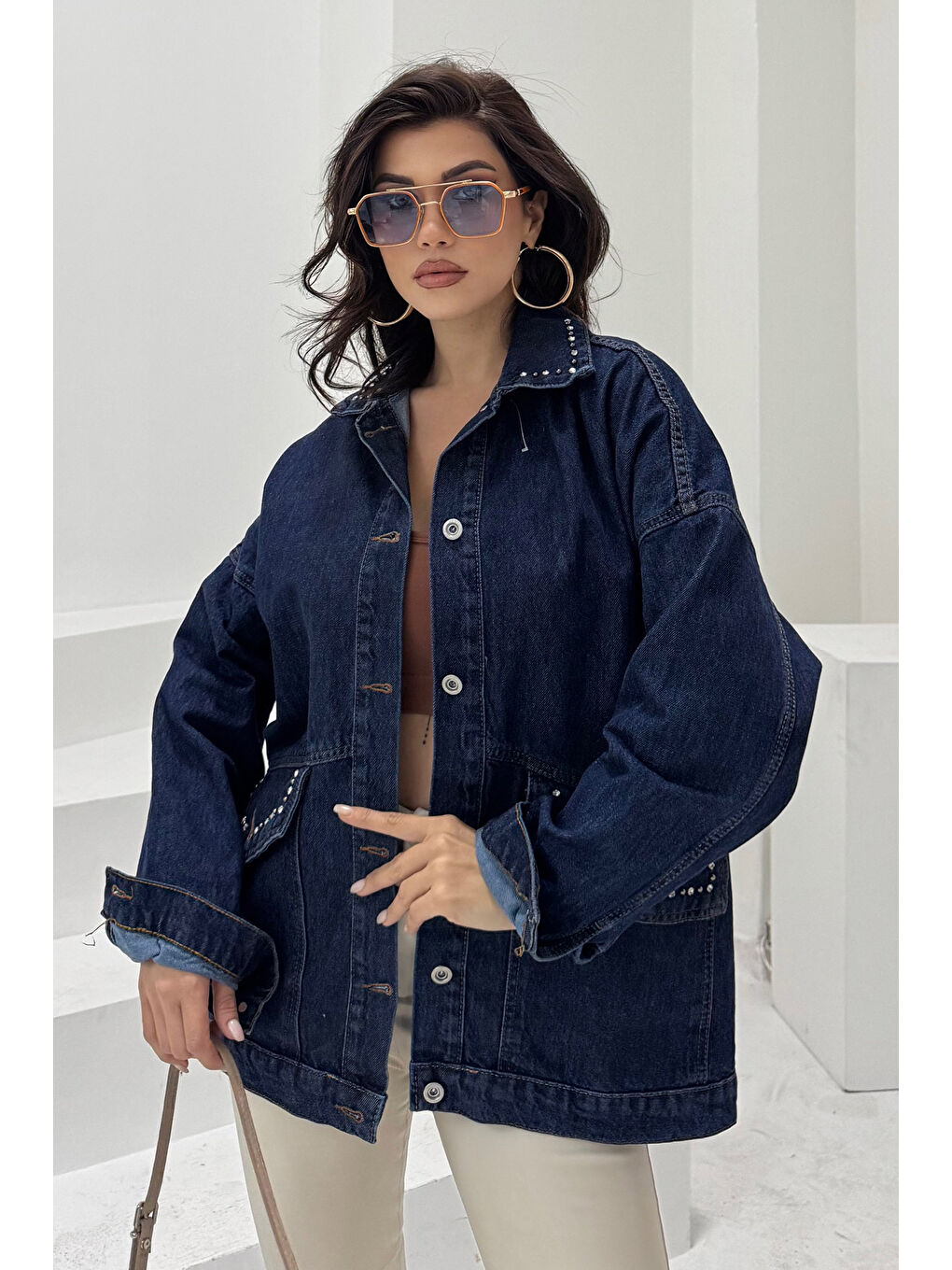 Kadın Taş Detaylı Oversize Denim Jean Ceket Koyu Mavi   26572-1