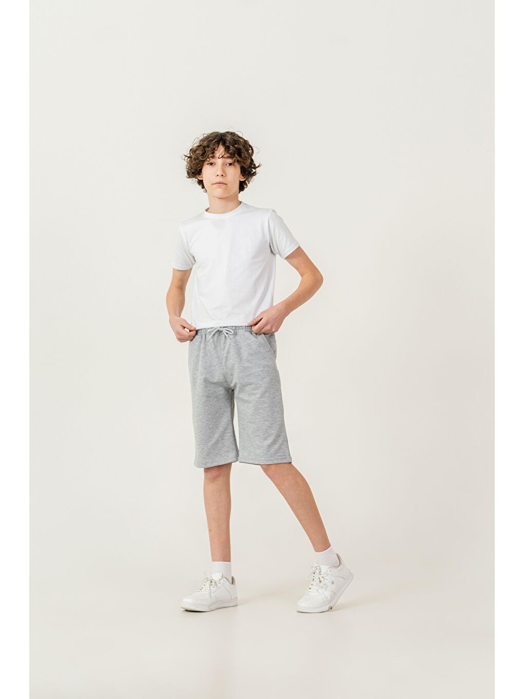 Gri Düz Basic 2 İp Erkek Çocuk Şort-1