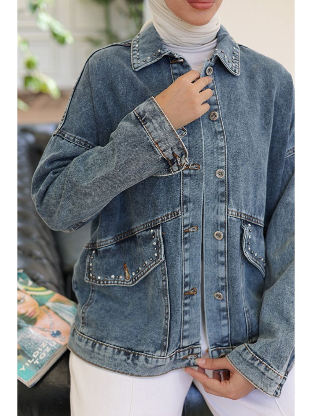 Kadın Taş Detaylı Oversize Denim Jean Ceket Koyu Mavi   26572-2