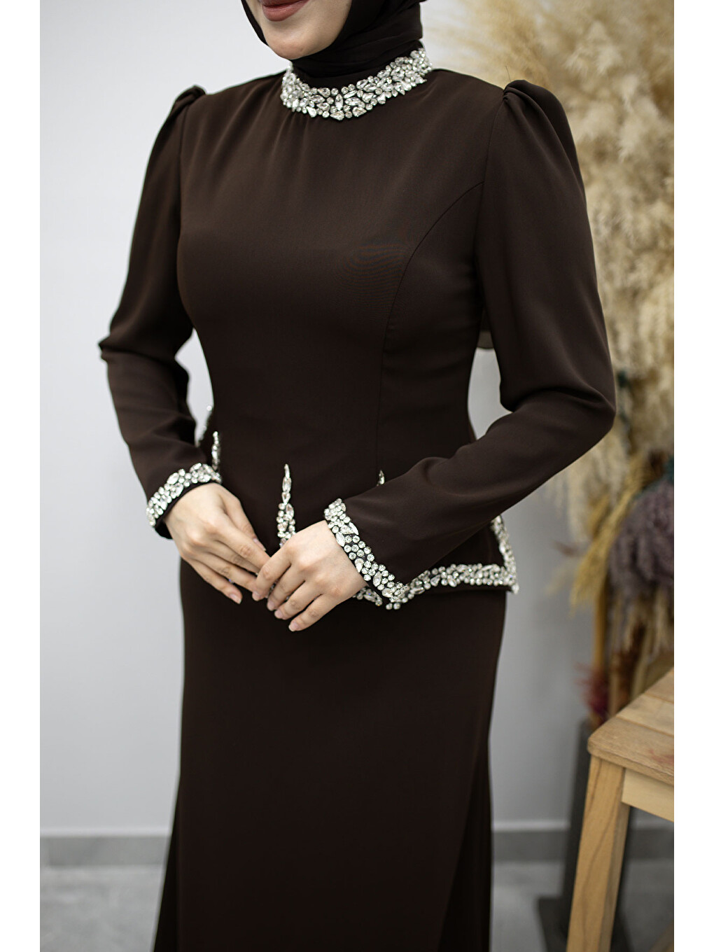 Taş İşlemeli Peplum Abiye Tsd260195 Kahverengi-3