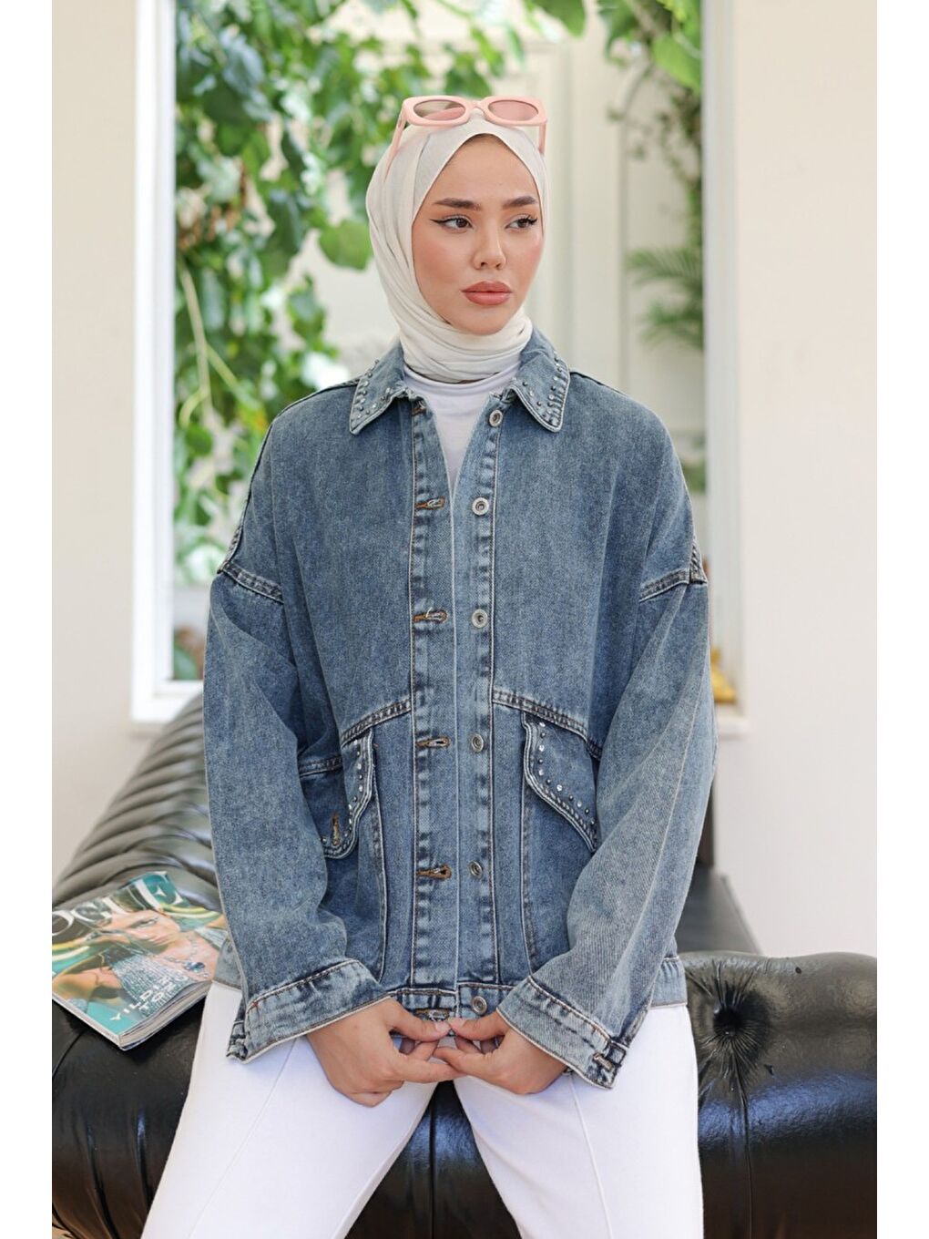 Kadın Taş Detaylı Oversize Denim Jean Ceket Koyu Mavi   26572-5