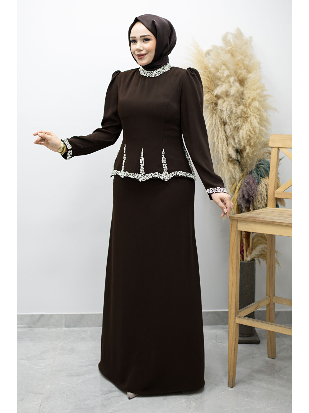 Taş İşlemeli Peplum Abiye Tsd260195 Kahverengi-4