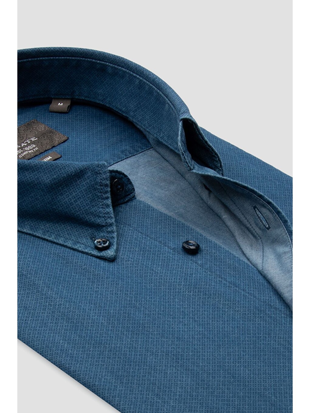 Natte Denim Pamuklu Comfort Fit Lacivert Düğmeli Yaka Erkek Düz Gömlek-4