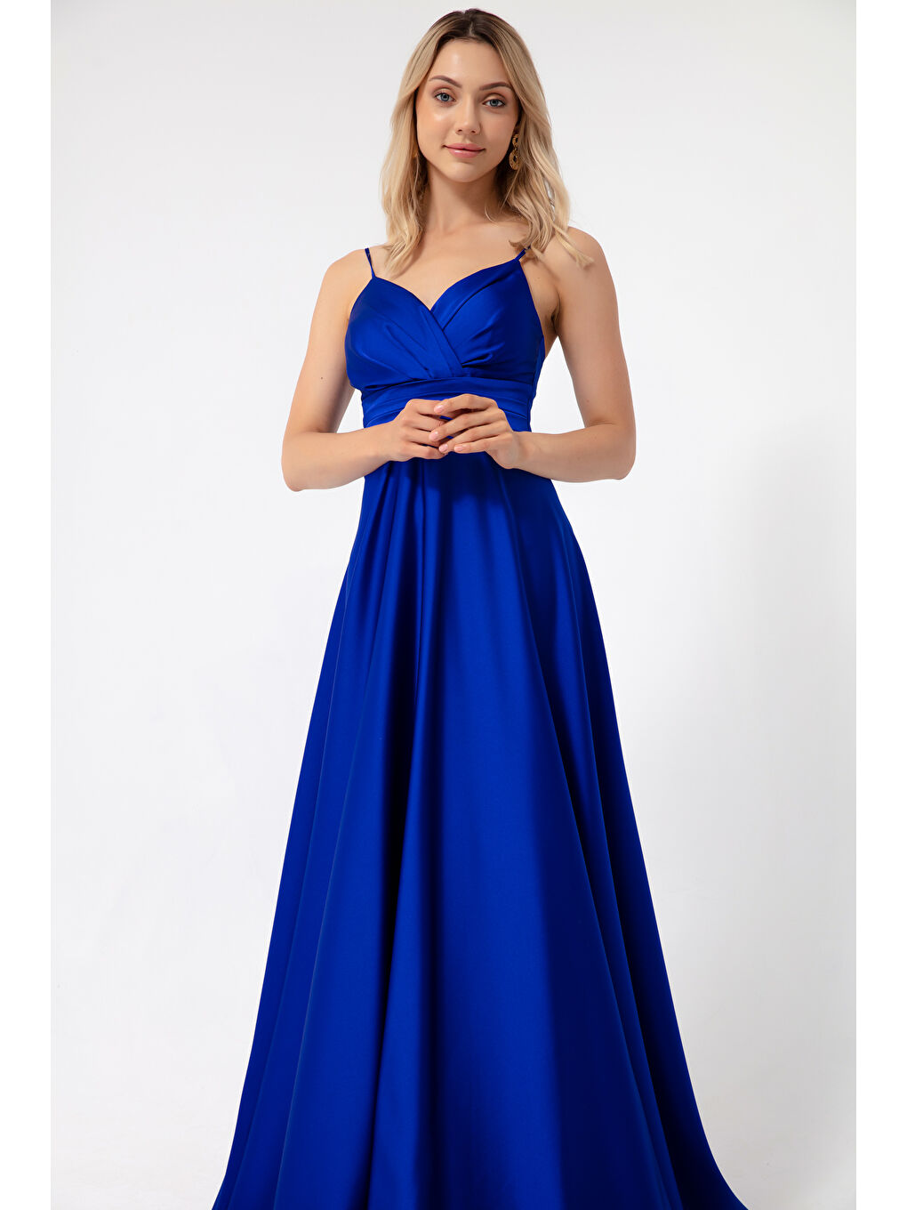 Mavi Kadın Saks İp Askılı Bel Kemerli Saten Uzun Abiye & Mezuniyet Elbisesi-1