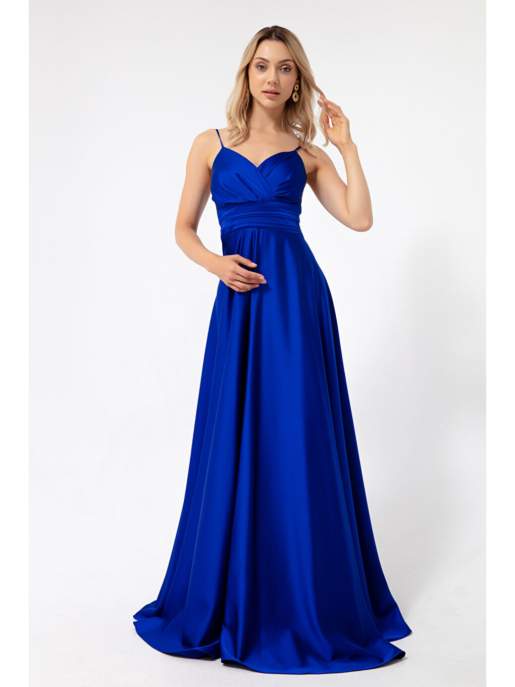 Mavi Kadın Saks İp Askılı Bel Kemerli Saten Uzun Abiye & Mezuniyet Elbisesi-2