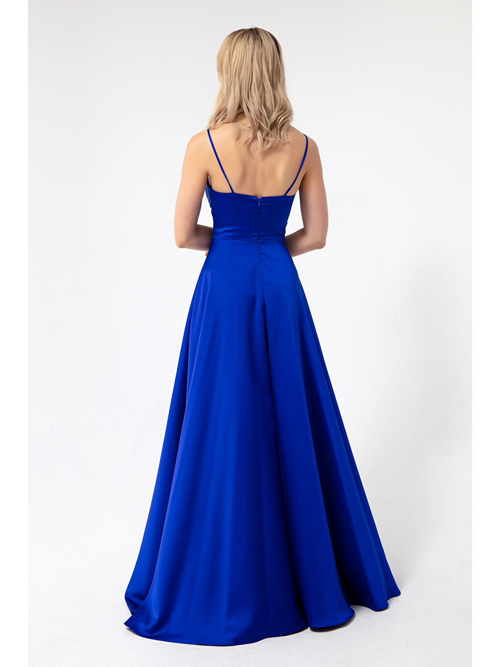 Mavi Kadın Saks İp Askılı Bel Kemerli Saten Uzun Abiye & Mezuniyet Elbisesi-4