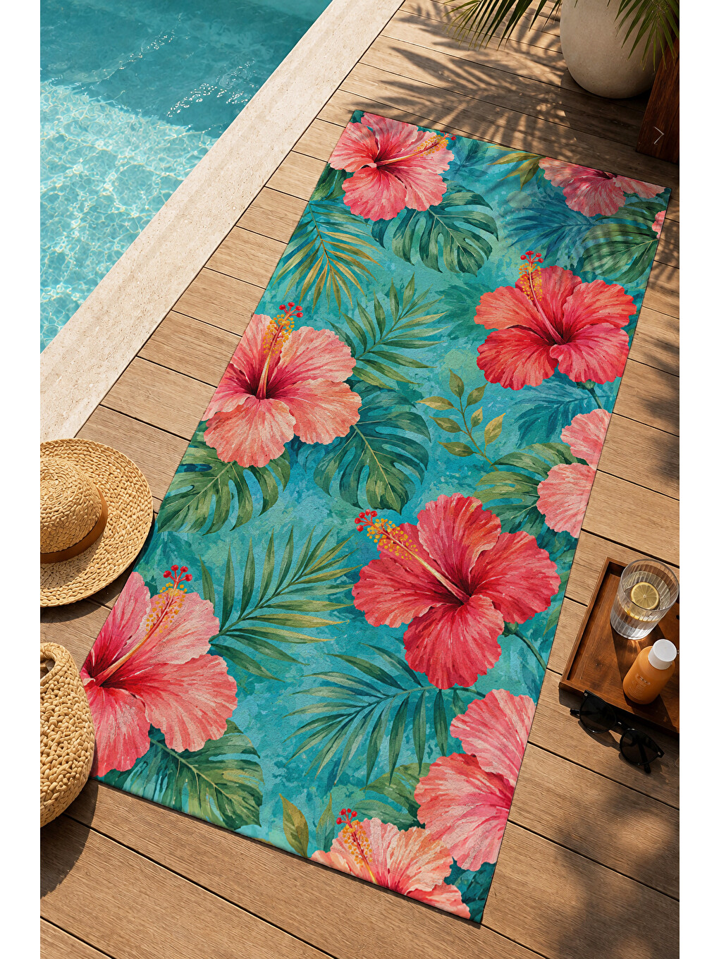 Tropikal Turkuaz Hibiskus Çiçekli Desenli 70x150 Plaj Havlusu - Dijital Baskılı Banyo Havlusu-3