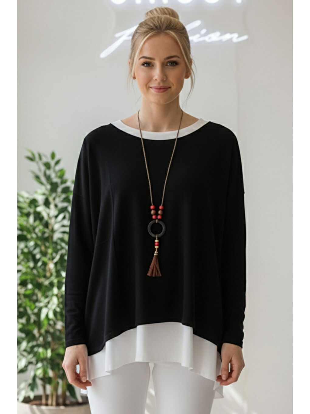 İtalyan Siyah Kayık Yaka Uzun Kol İkili Set Kolyeli Casual Oversize Triko Bluz 71 71