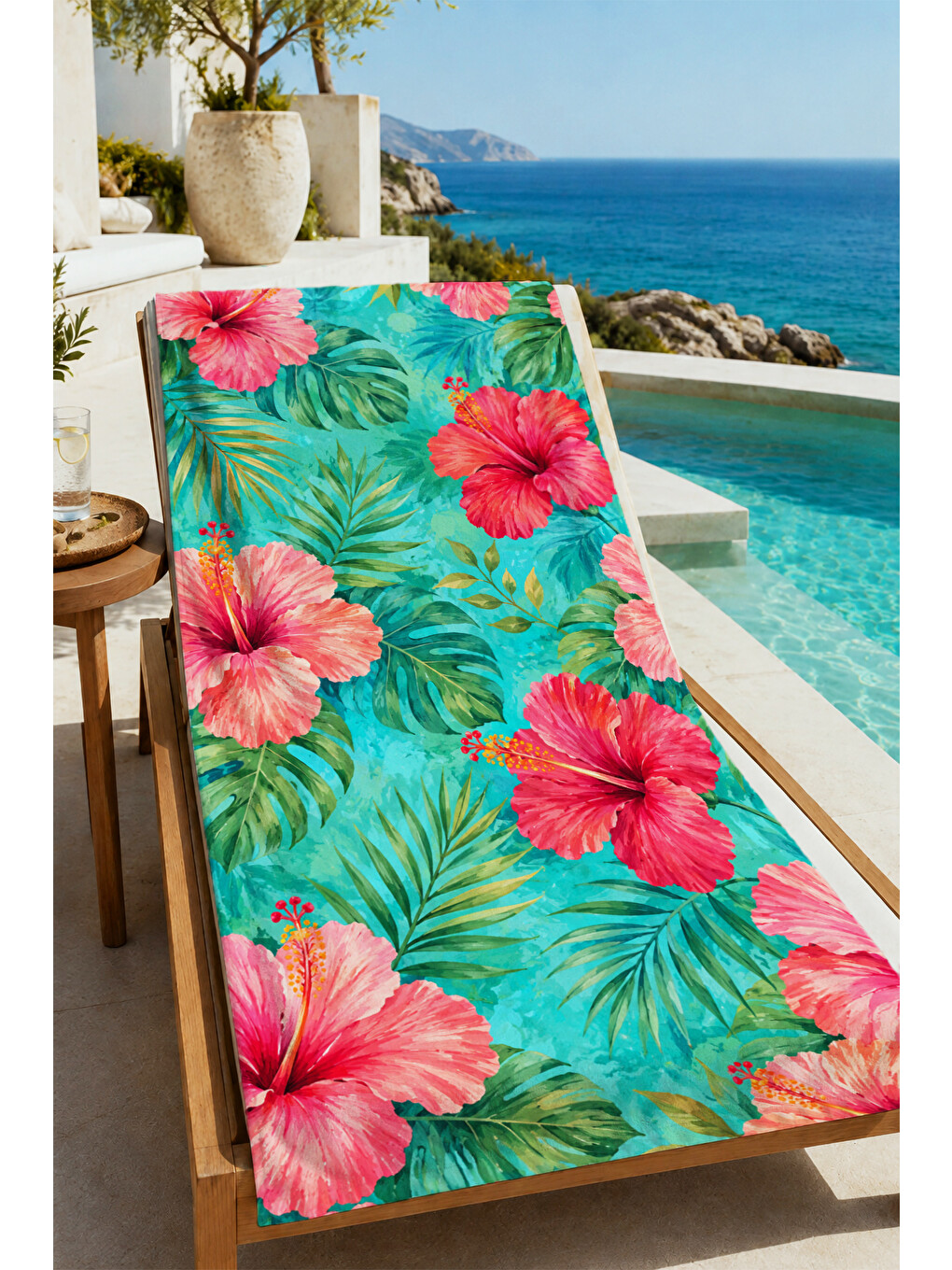 Tropikal Turkuaz Hibiskus Çiçekli Desenli 70x150 Plaj Havlusu - Dijital Baskılı Banyo Havlusu-4