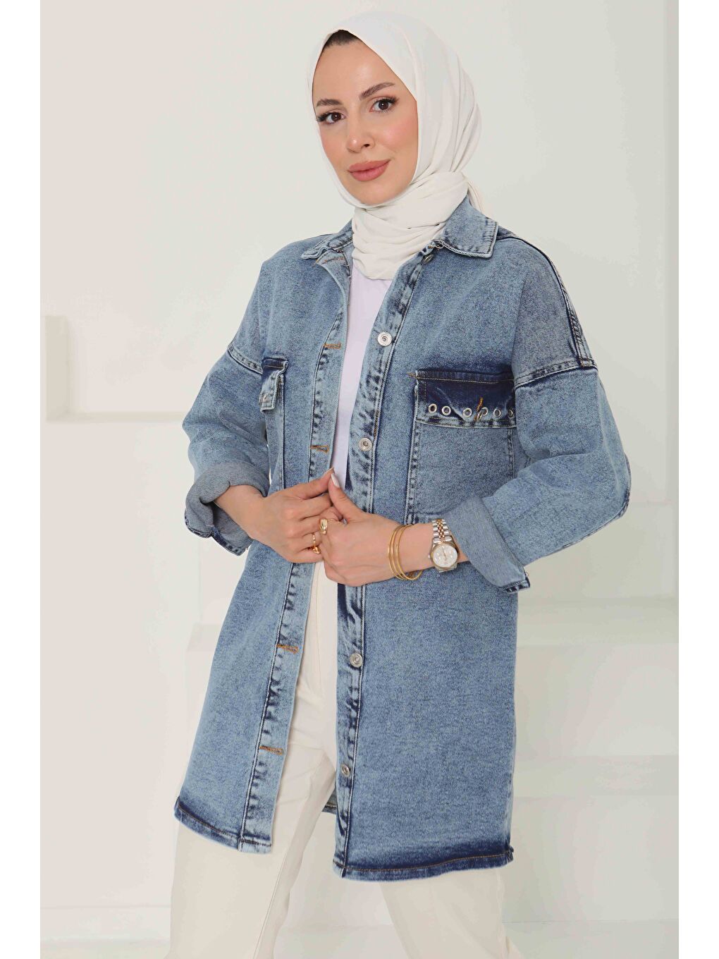 Kadın Oversize Kuş Gözü Cepli Jean Ceket Mavi   26579-1