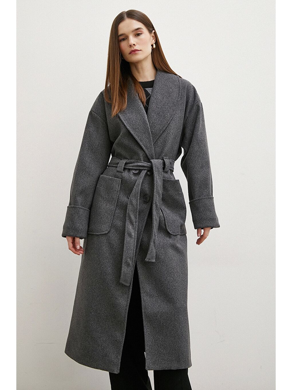 Karışık Kuşaklı Şal Yaka Kaban Antirasit-3