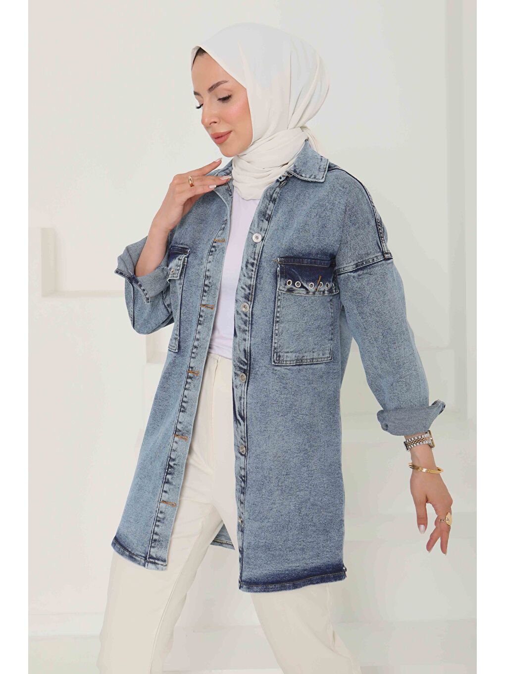 Kadın Oversize Kuş Gözü Cepli Jean Ceket Mavi   26579-2
