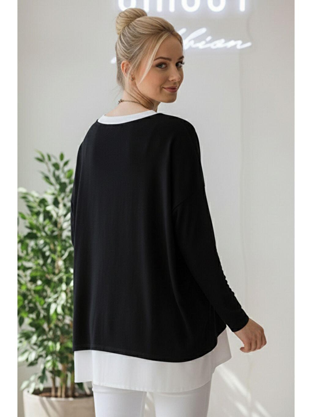 İtalyan Siyah Kayık Yaka Uzun Kol İkili Set Kolyeli Casual Oversize Triko Bluz 71 71-1