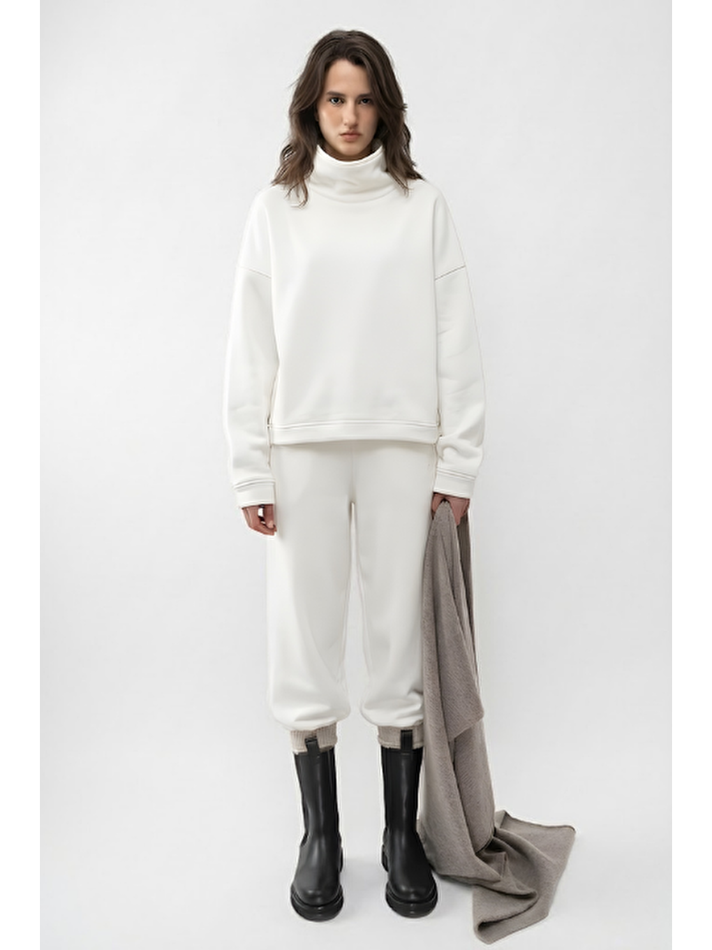 Üç İplik Polar Sweatshirt Ekru-2