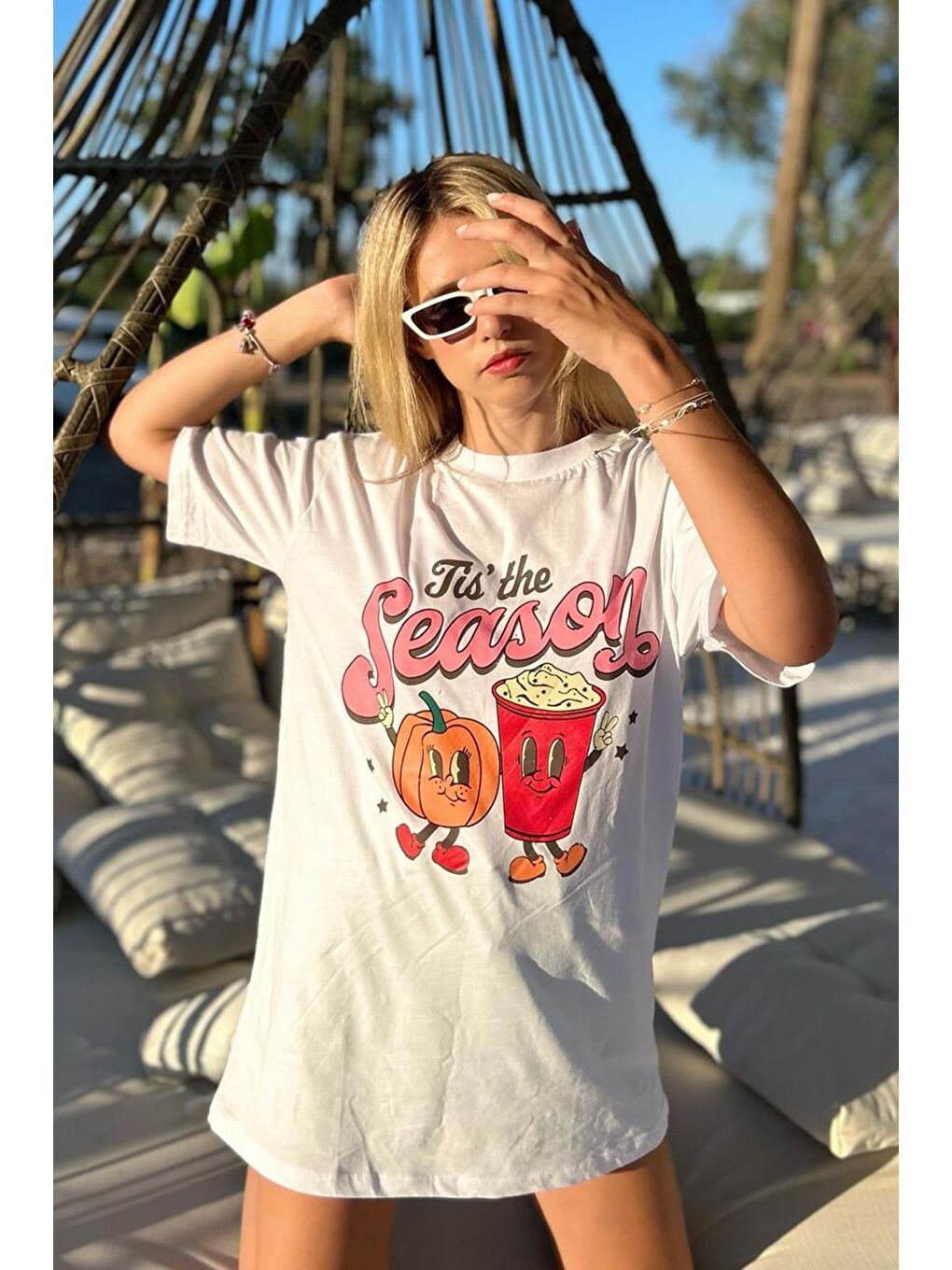 Beyaz Baskılı Bisiklet Yaka Kadın Tişört Mg1776-7