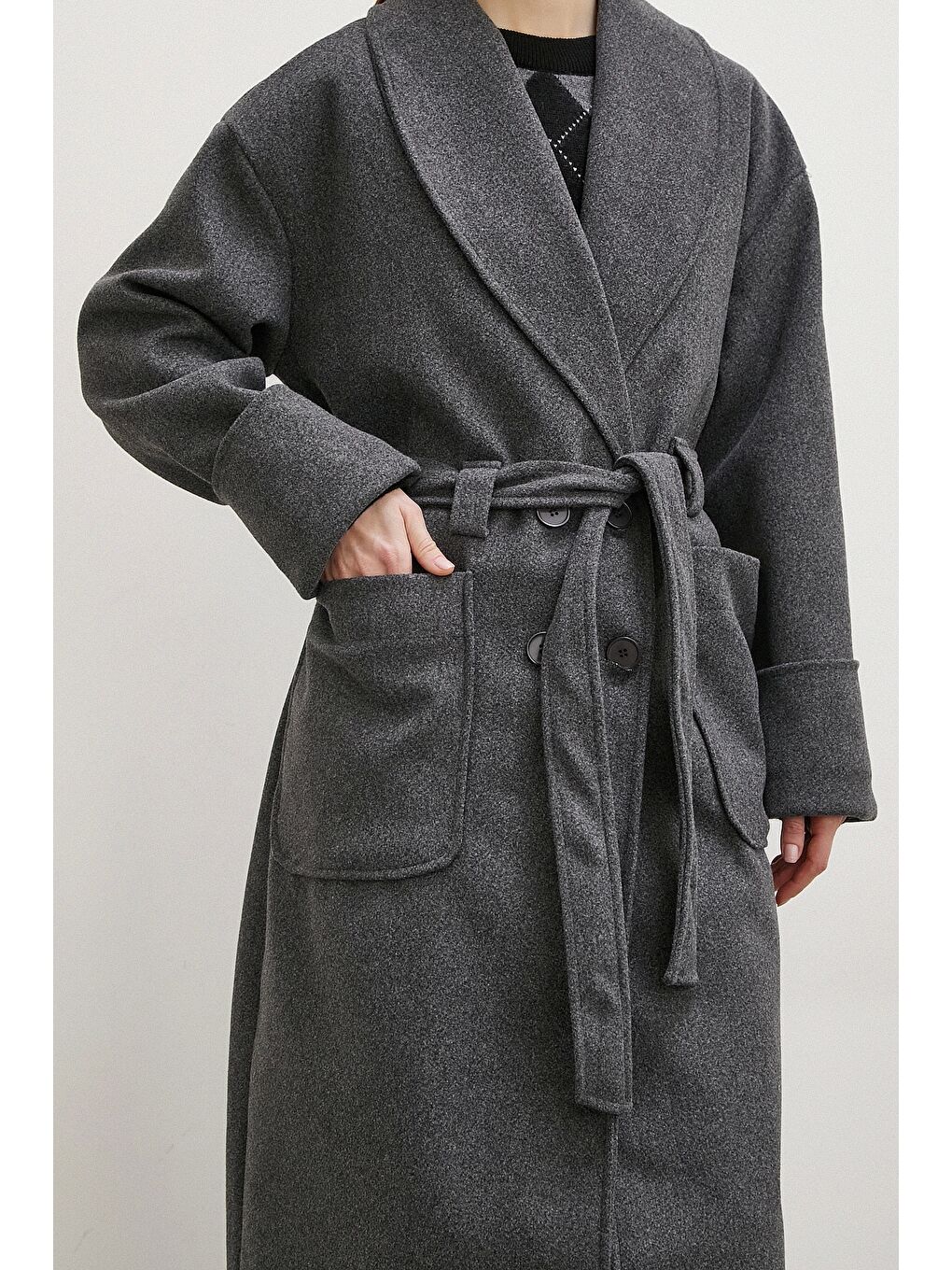 Karışık Kuşaklı Şal Yaka Kaban Antirasit-4