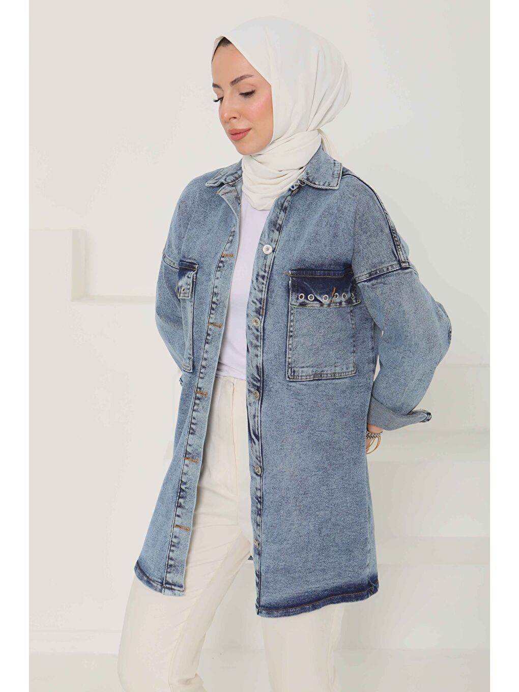 Kadın Oversize Kuş Gözü Cepli Jean Ceket Mavi   26579-3