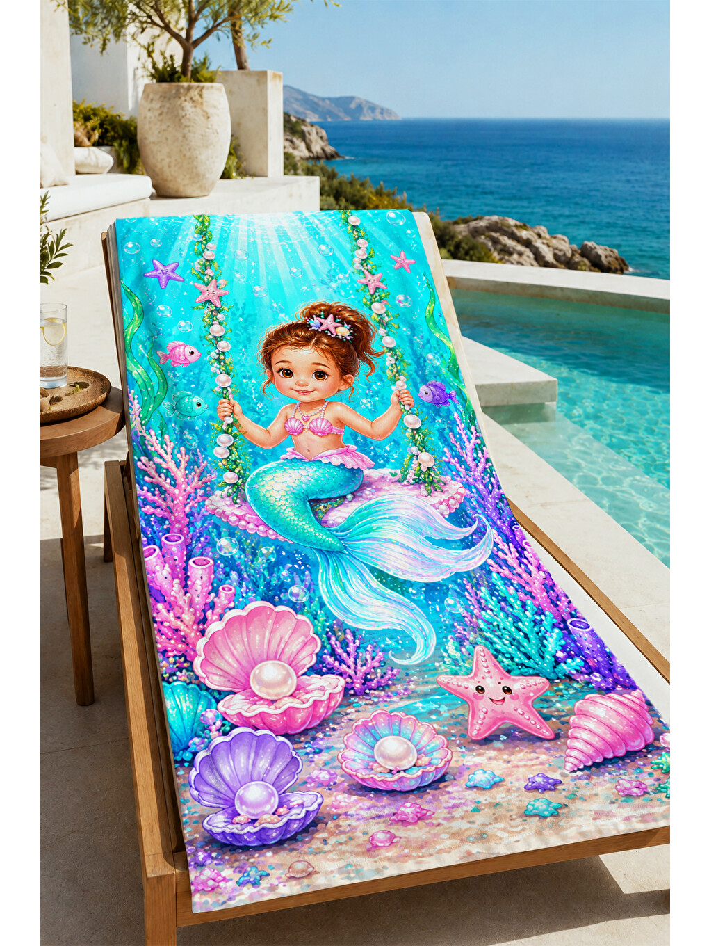 Masalsı Deniz Kızı Mercanlı Desenli 70x150 Plaj Havlusu - Dijital Baskılı Solmaz Banyo Havlusu-4