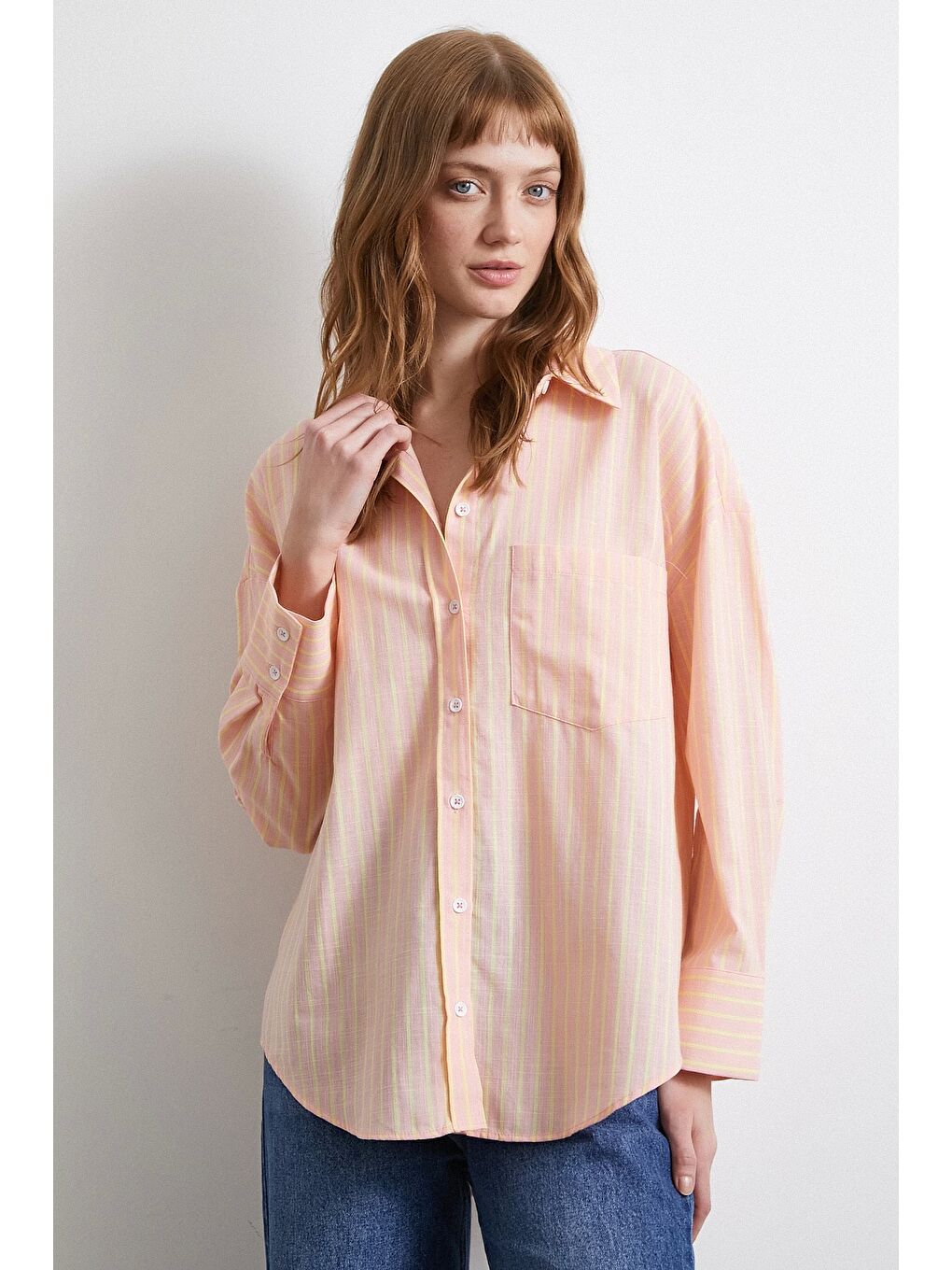 Pembe Filamingi Çizgili Gömlek Pudra-5