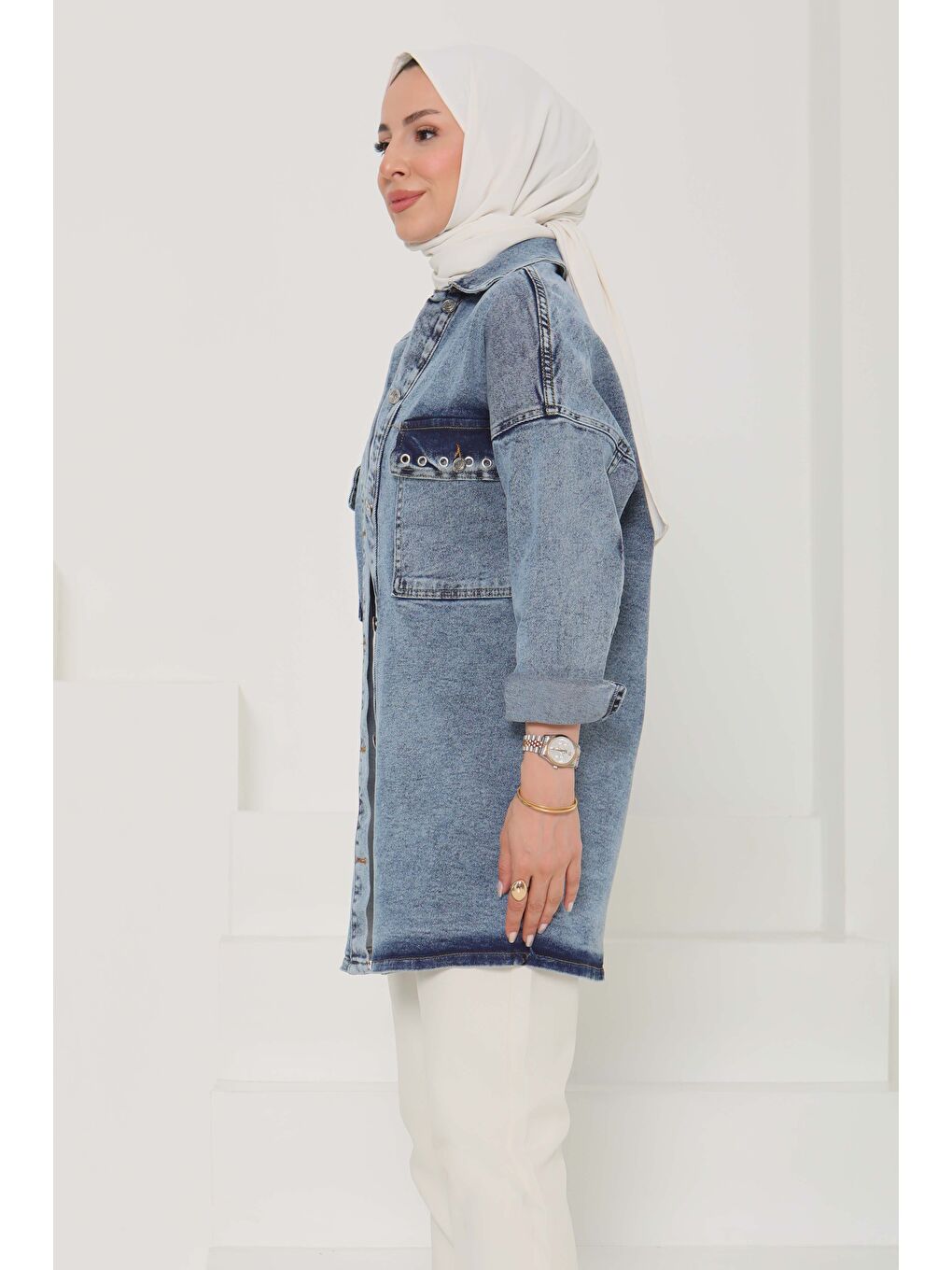 Kadın Oversize Kuş Gözü Cepli Jean Ceket Mavi   26579-5
