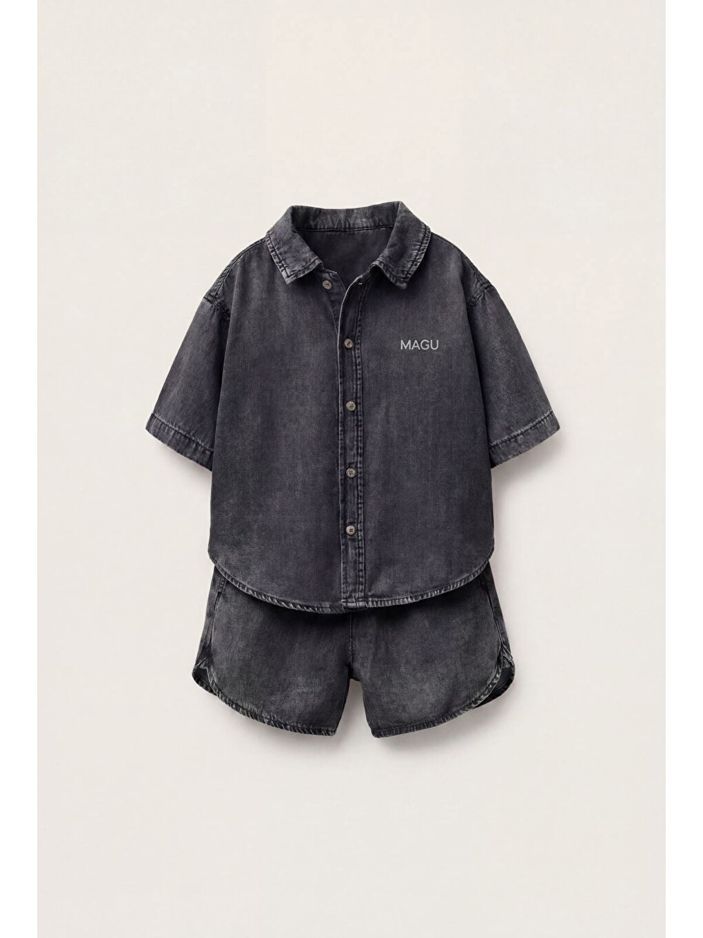 Antrasit Çocuk Pamuklu Füme Yıkamalı Denim Oversize Gömlek Şort Takım