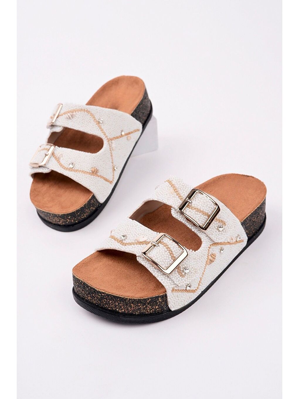 Beyaz SHEİLA Çift Bantlı Taşlı Ayarlanabilir Kemerli Günlük Kadın Terlik-1