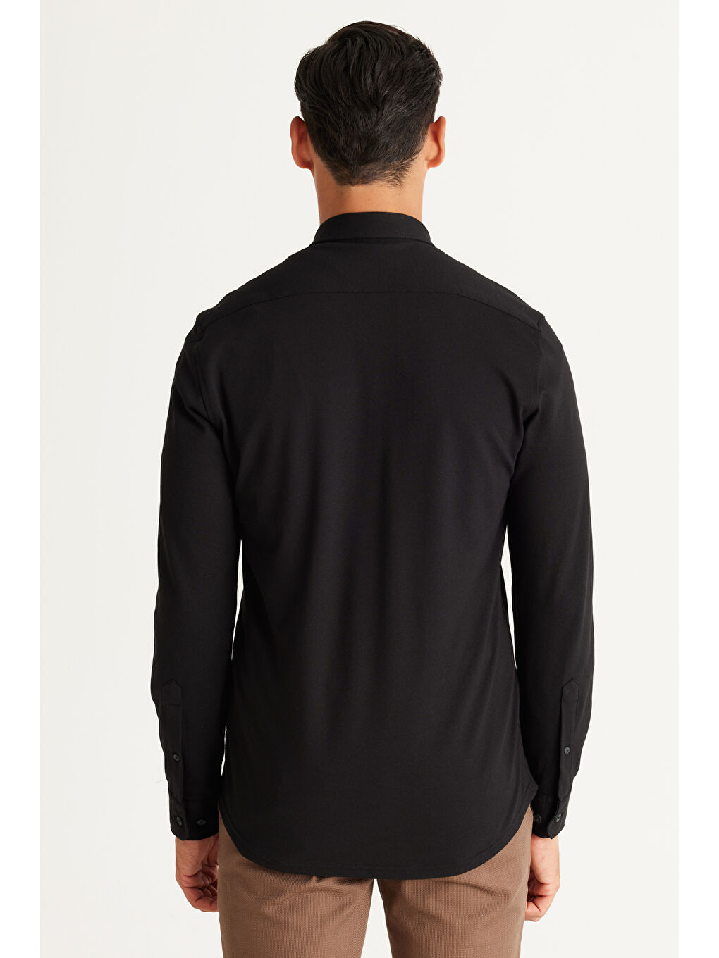 Erkek Siyah Slim Fit Dar Kesim Düğmeli Yaka Pike Desenli Örme Gömlek-4