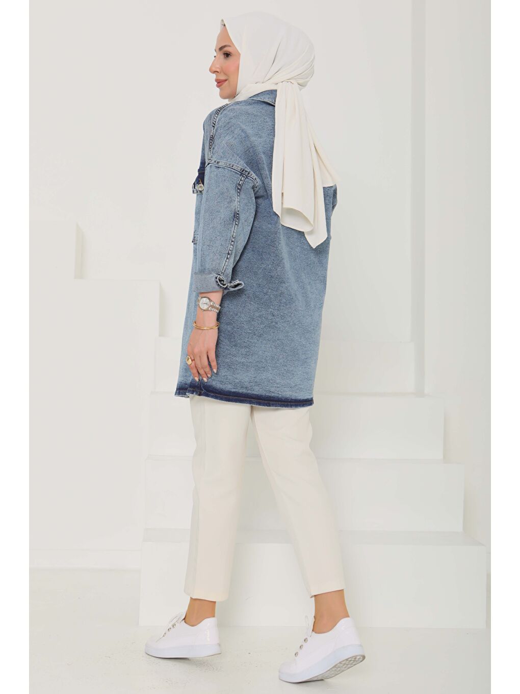 Kadın Oversize Kuş Gözü Cepli Jean Ceket Mavi   26579-6