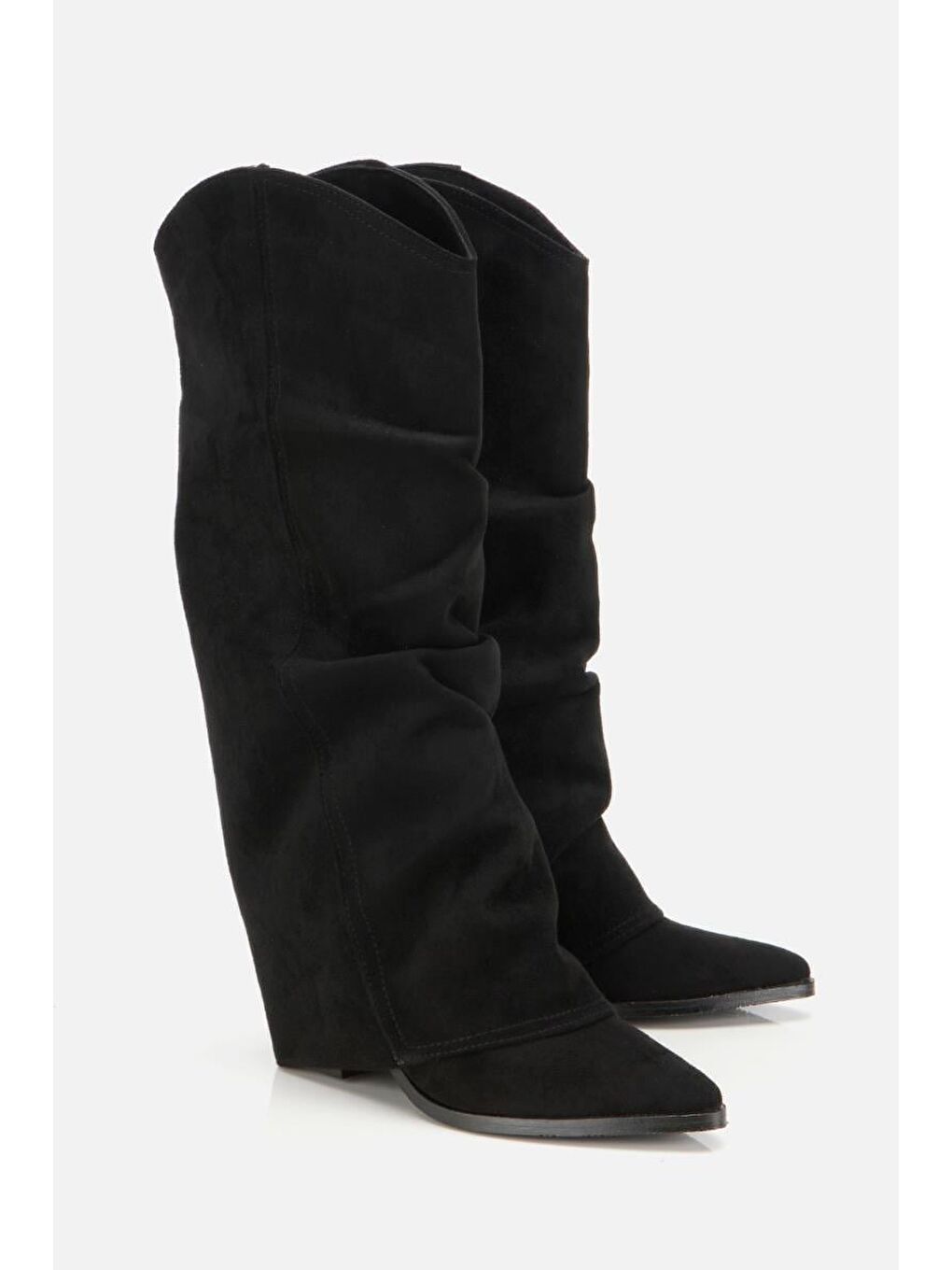 Kadın Süet Siyah Dikiş Detaylı Western Kalın Topuklu Çizme-1