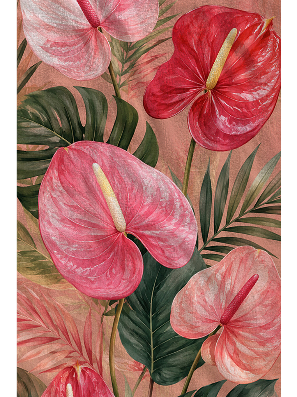 Tropikal Pembe Antoryum Yapraklı Desenli 70x150 Plaj Havlusu - Dijital Baskılı Solmaz Banyo Havlusu-2