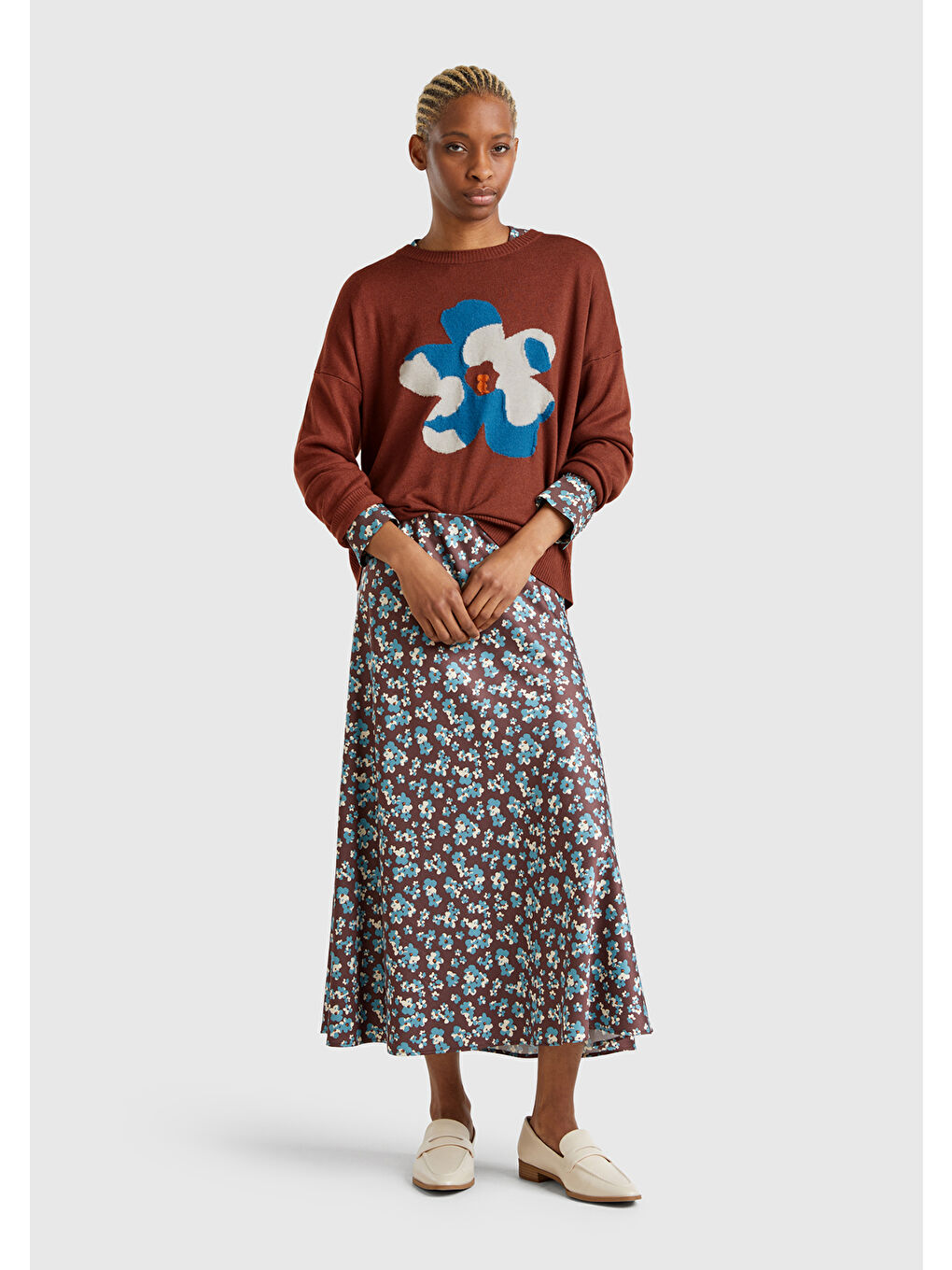 Kadın Kahverengi Viskoz Karışımlı Çiçek Desenli Kazak-4