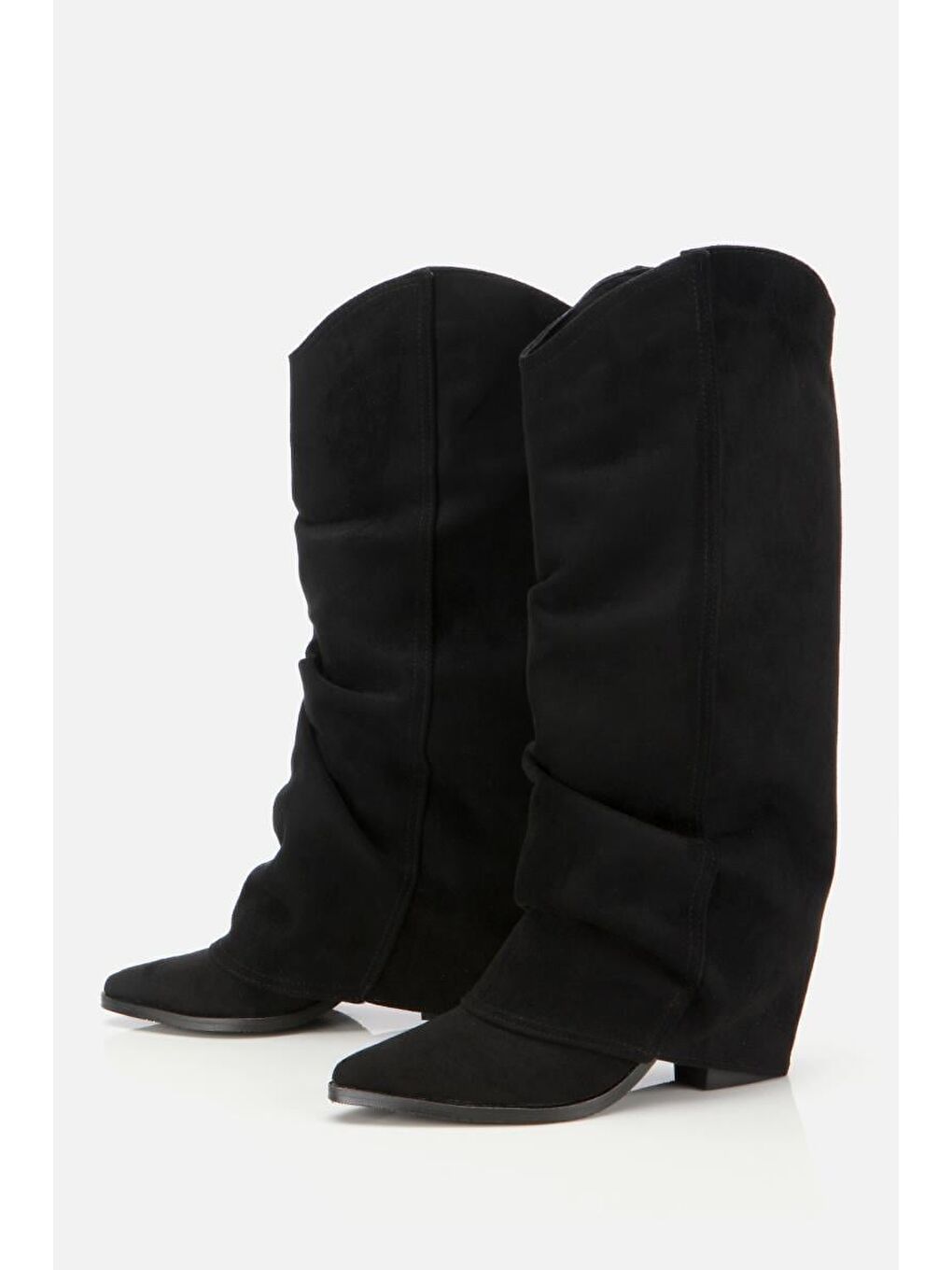 Kadın Süet Siyah Dikiş Detaylı Western Kalın Topuklu Çizme-3
