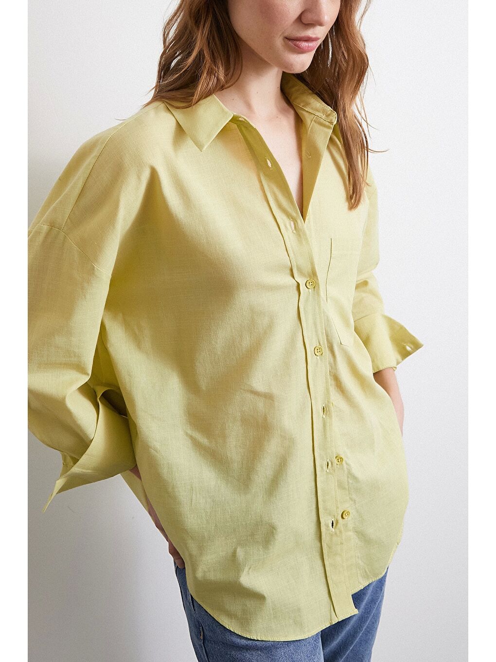 Keten Karışımlı Oversize Gömlek Yeşil