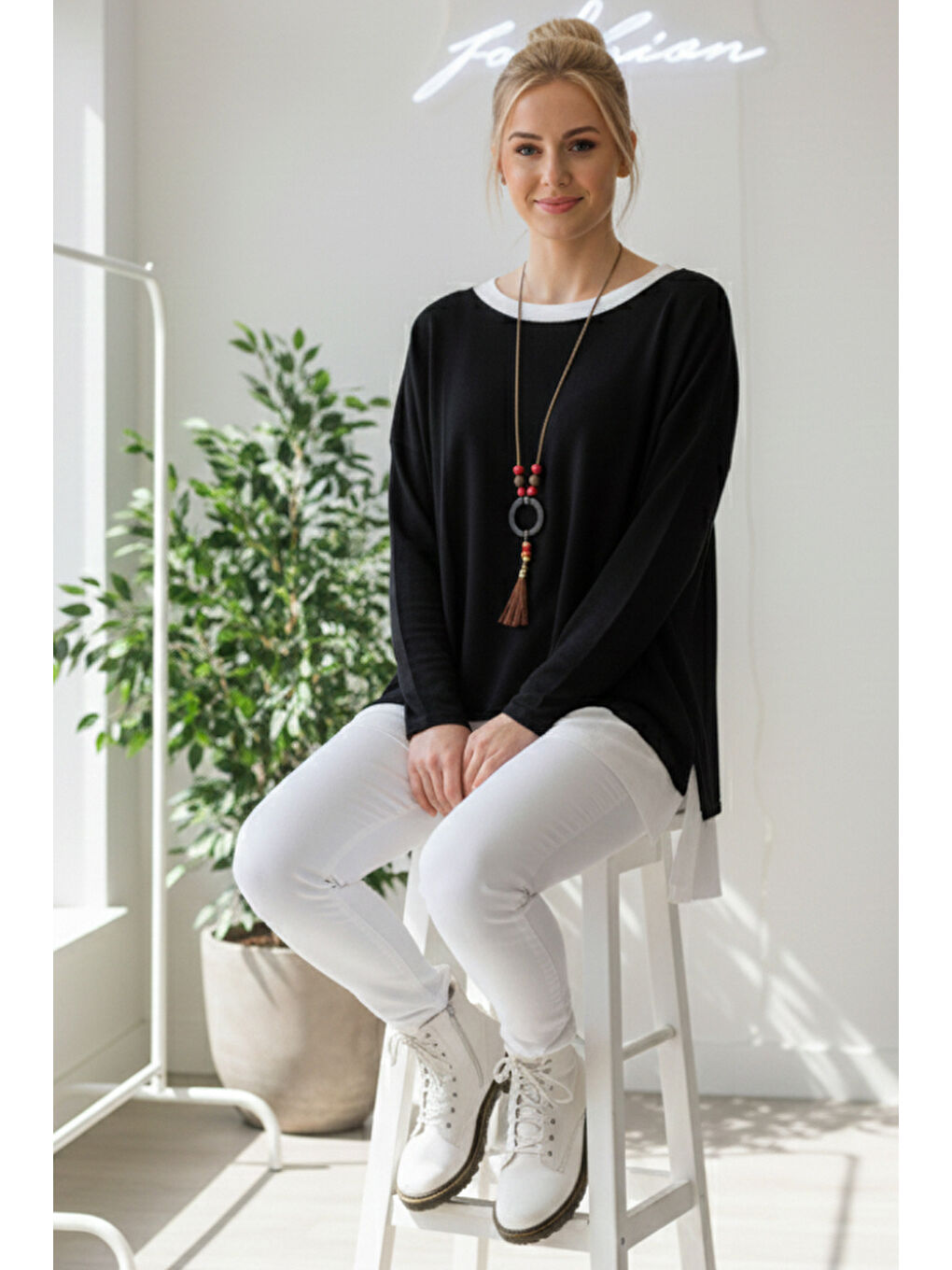 İtalyan Siyah Kayık Yaka Uzun Kol İkili Set Kolyeli Casual Oversize Triko Bluz 71 71-3