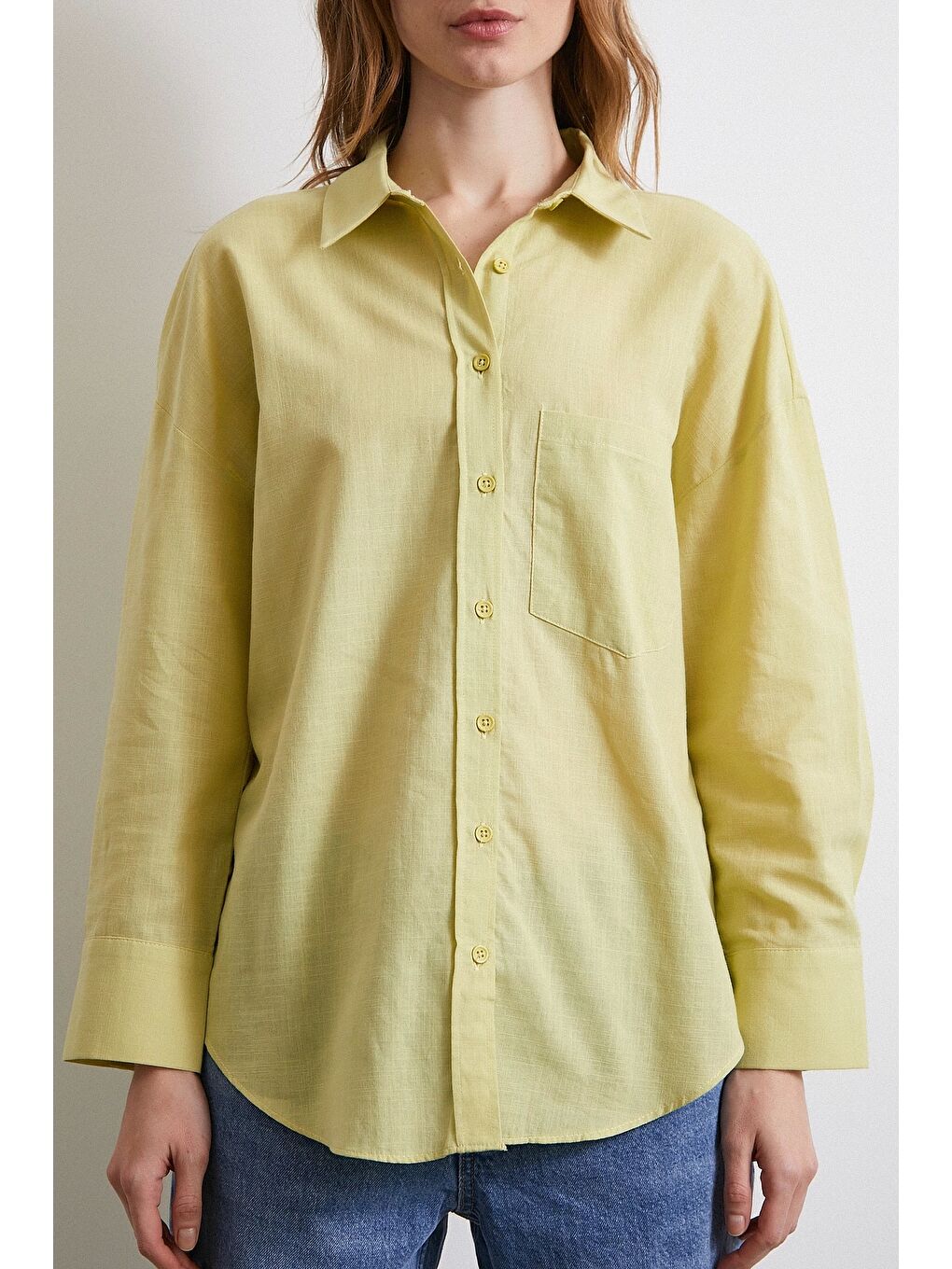 Keten Karışımlı Oversize Gömlek Yeşil-1