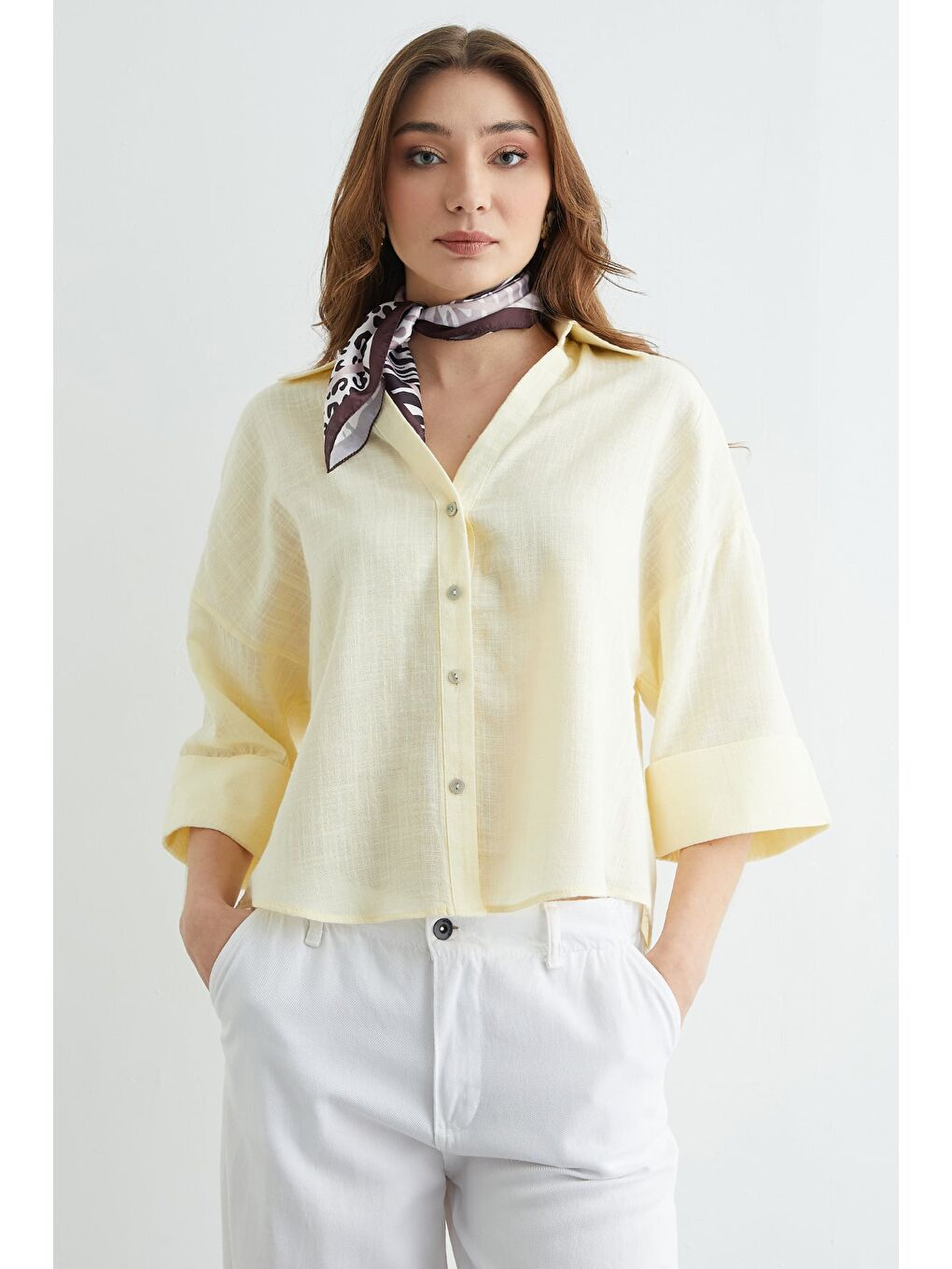 Sarı Keten Görünümlü Kapri kol Gömlek