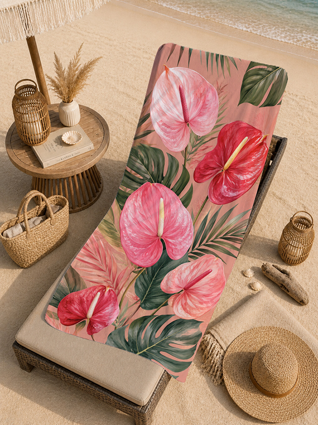 Tropikal Pembe Antoryum Yapraklı Desenli 70x150 Plaj Havlusu - Dijital Baskılı Solmaz Banyo Havlusu-3