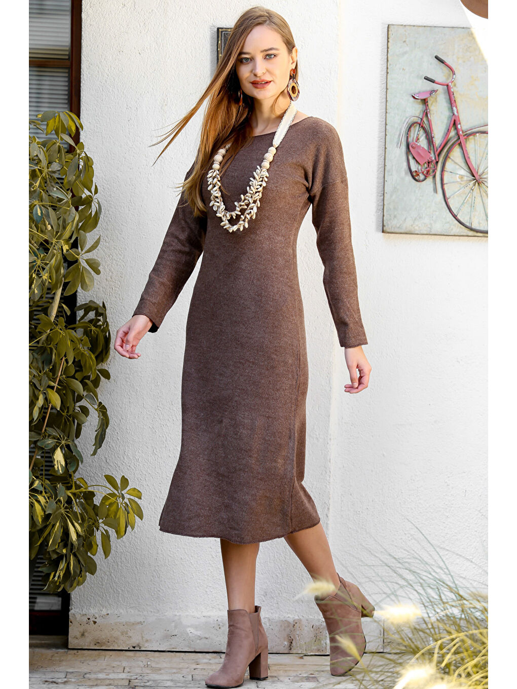 Kahverengi Kadın Kahve Casual Sıfır Yaka Yumuşak Dokulu Uzun Elbise M10160000EL94055-3