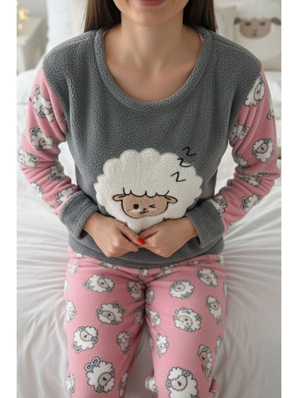 Gri Kadın Bisiklet Yaka Baskılı Polar Pijama Takımı-2