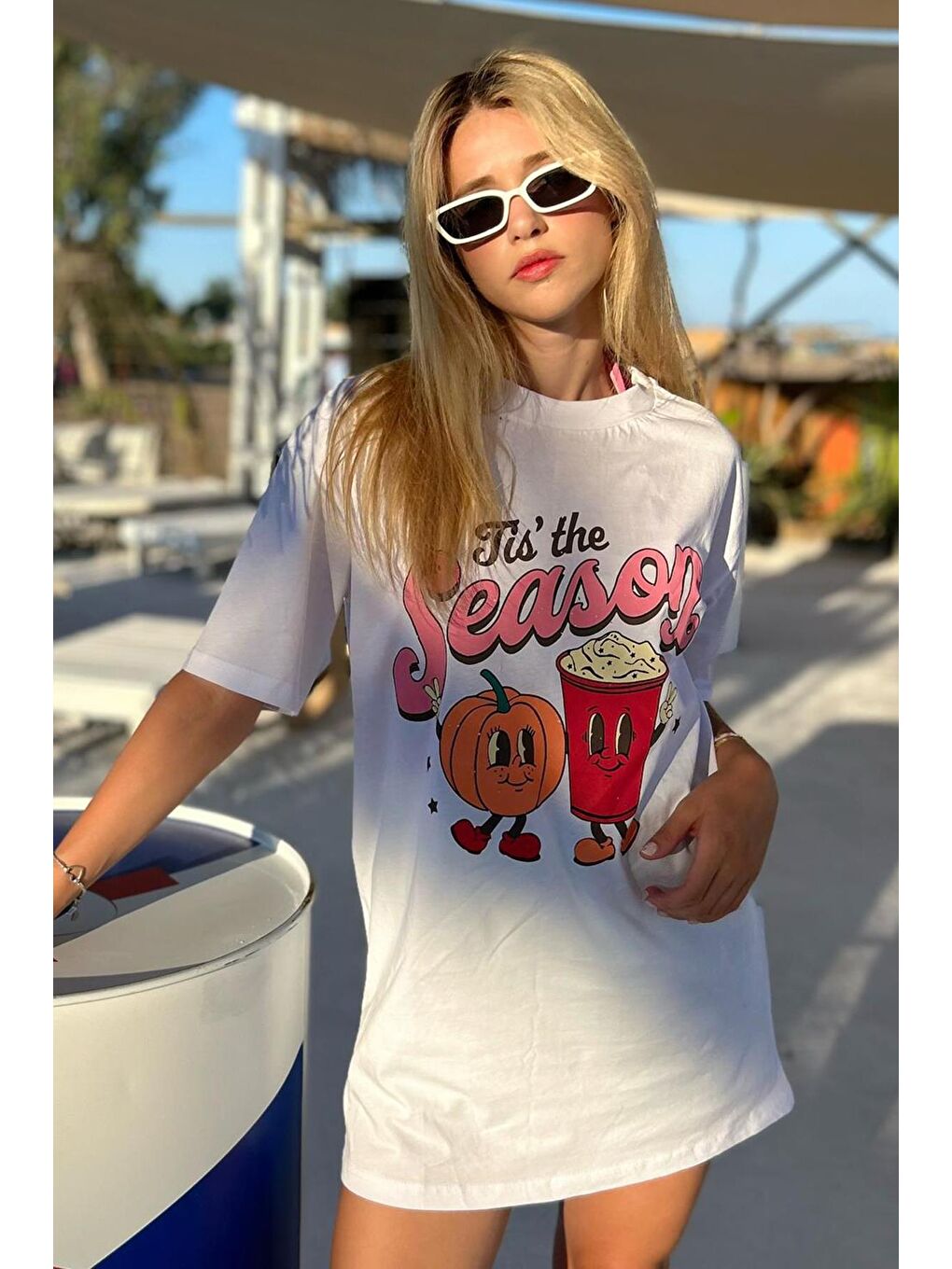 Beyaz Baskılı Bisiklet Yaka Kadın Tişört Mg1776-9