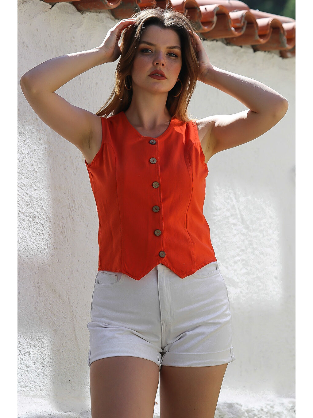 Kırmızı Narçiçeği V Yaka Düğmeli Yıkamalı Kulplu Casual Fitted Dokuma Yelek 55 45-1