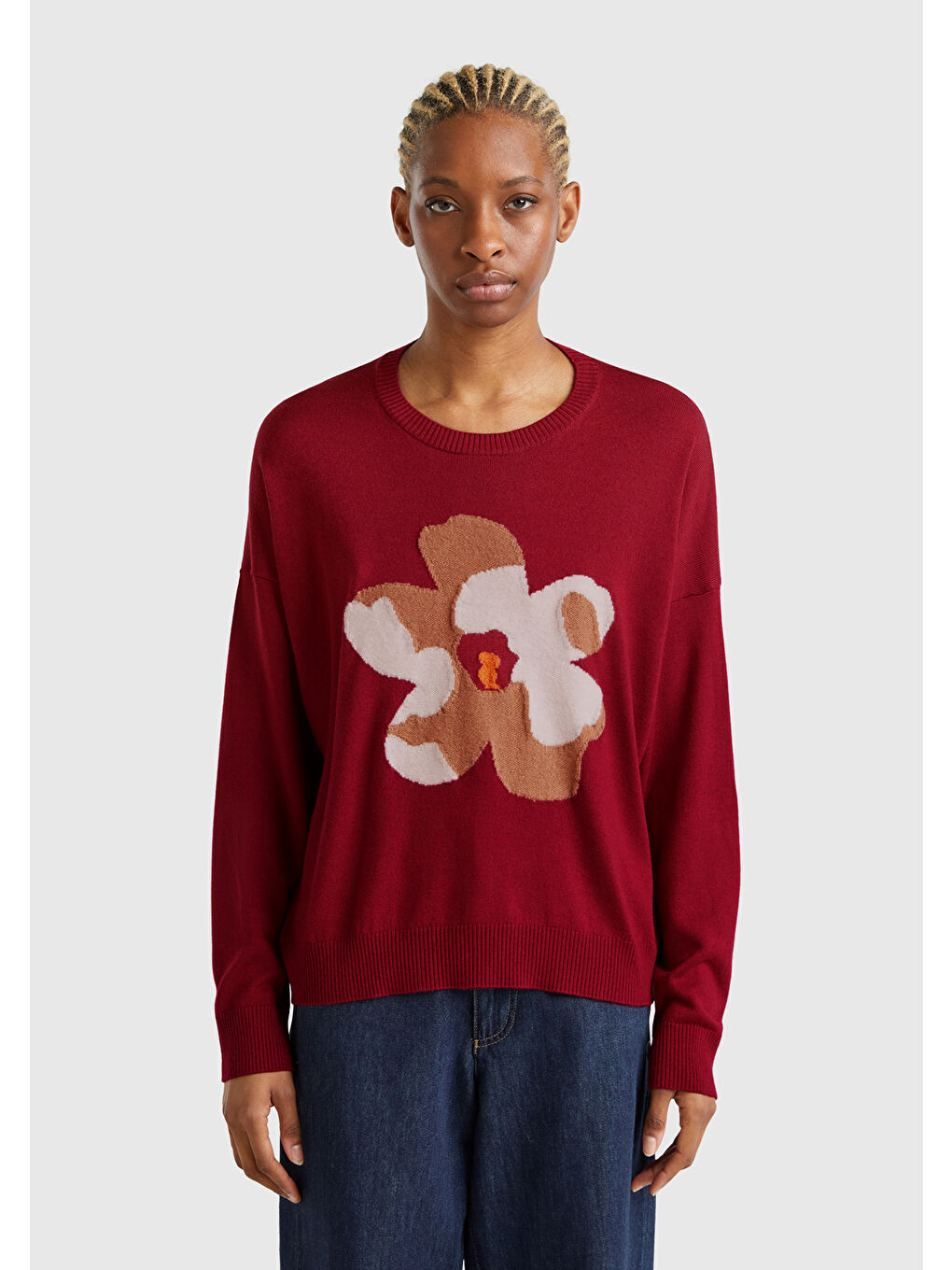 Kadın Bordo Viskoz Karışımlı Çiçek Desenli Kazak