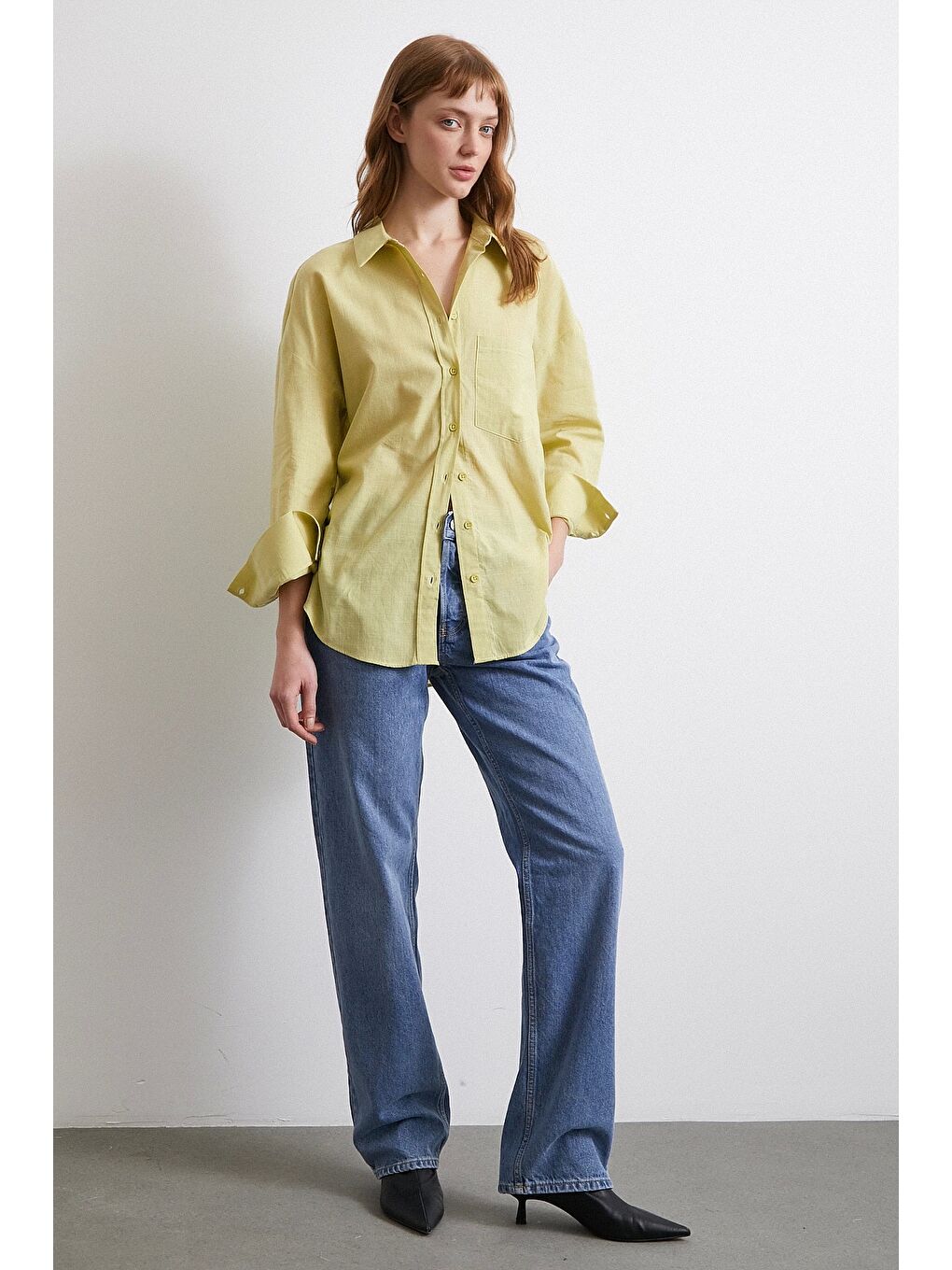 Keten Karışımlı Oversize Gömlek Yeşil-3