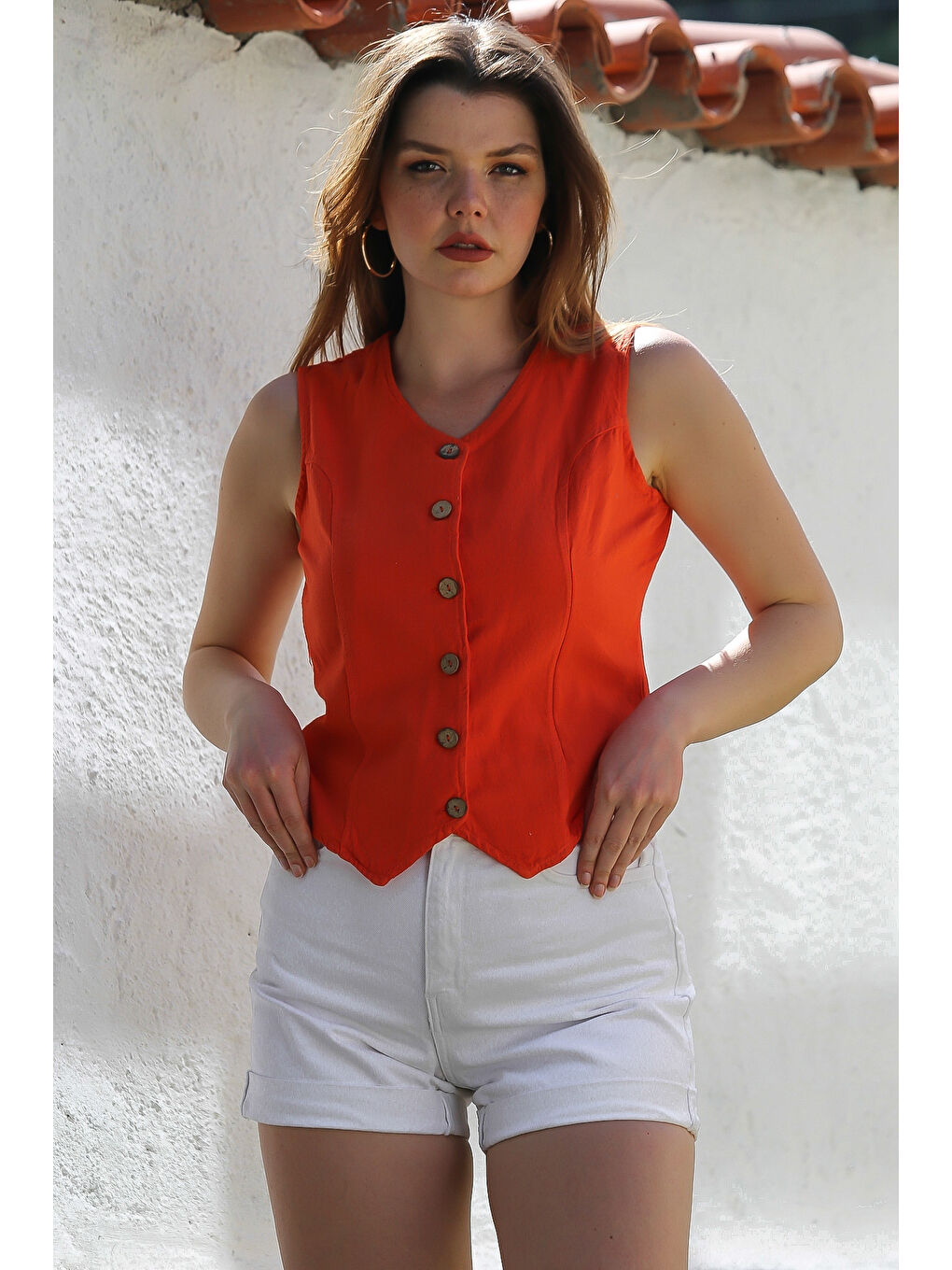 Kırmızı Narçiçeği V Yaka Düğmeli Yıkamalı Kulplu Casual Fitted Dokuma Yelek 55 45-2