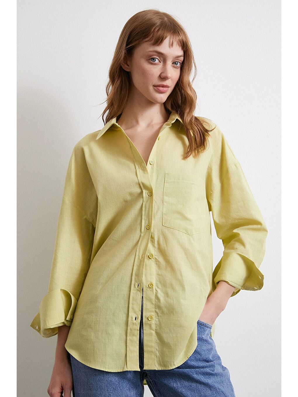Keten Karışımlı Oversize Gömlek Yeşil-4